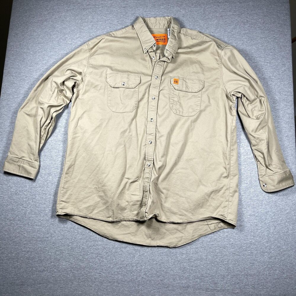Wrangler FR RIGGS Button-Up Shirt Mens XXL_TAL Beige Twill Long Sleeve Workwear